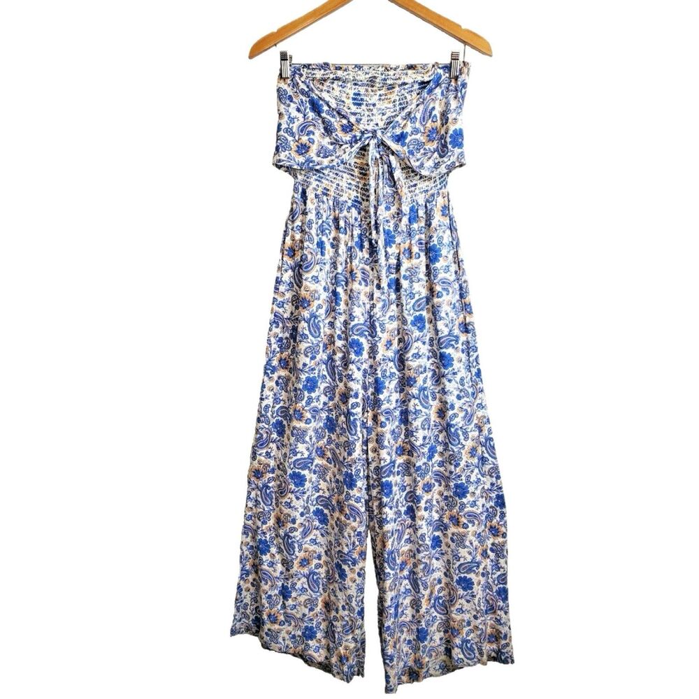 Patrons Of Peace NWT Floral Smocked Strapless Front Tie Wide Leg Jumpsuit S